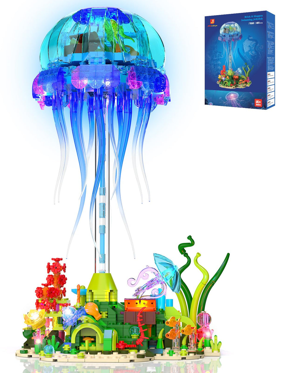 JMBricklayer jellyfish LED lamp built with blocks for ambient ocean decor at home or office