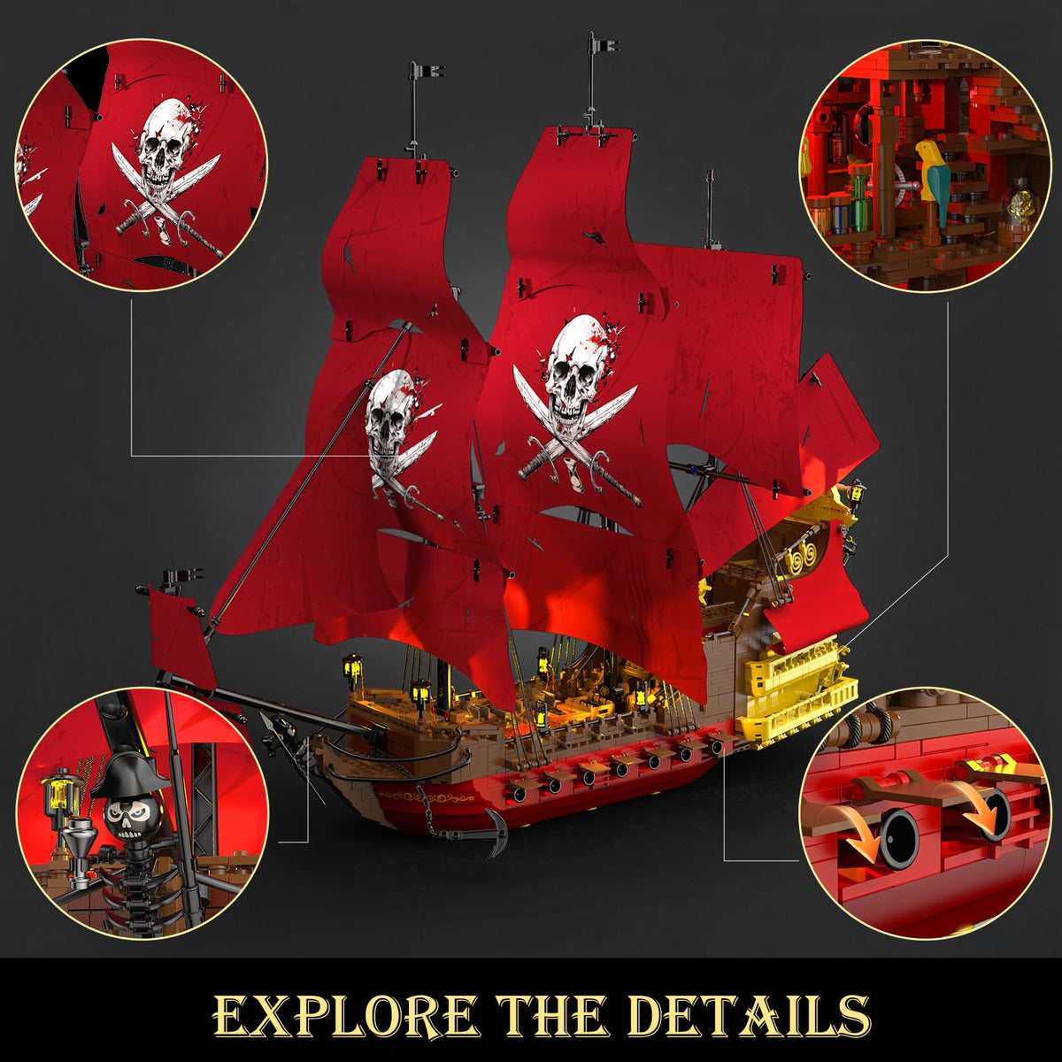 JMBricklayer Queen Anne's Revenge display base anchors the model securely.