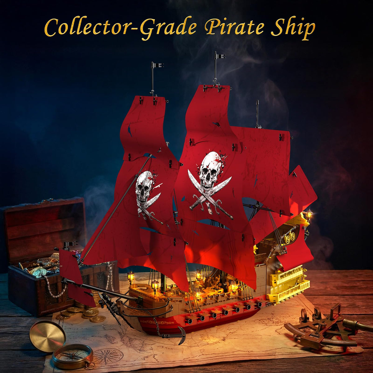 JMBricklayer Queen Anne's Revenge interior cabin highlights craftsmanship for display.
