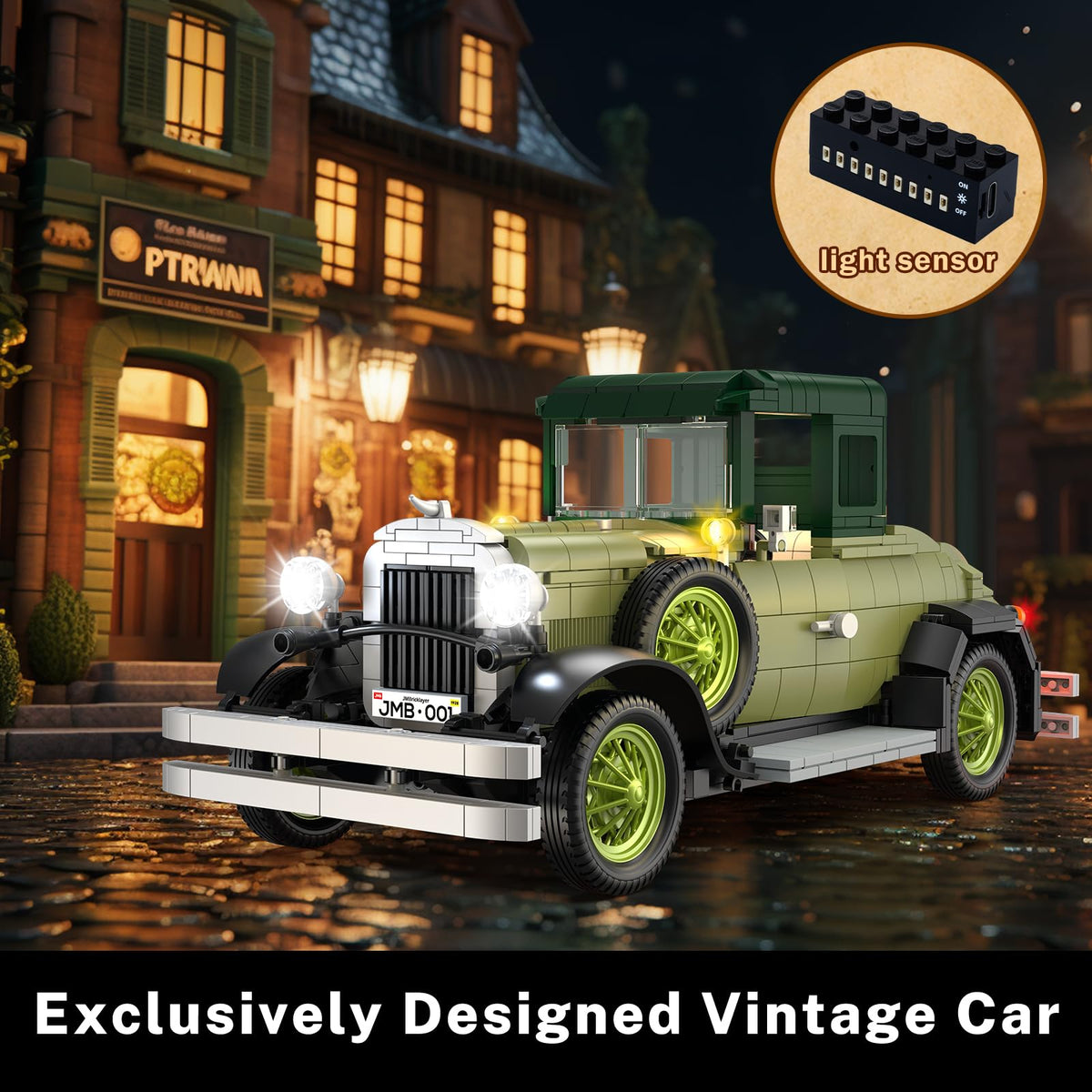 JMBricklayer vintage car with lights rear view enhances room ambiance.