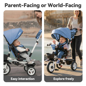 JMMD 7-in-1 tricycle blue canopy providing sun protection during outdoor adventures