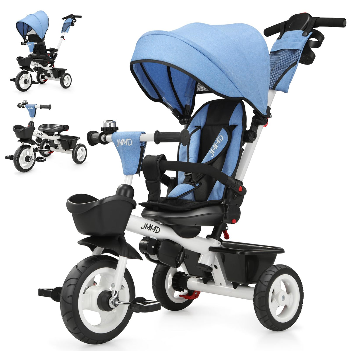 JMMD 7-in-1 tricycle blue front view showing sturdy frame for growing toddlers