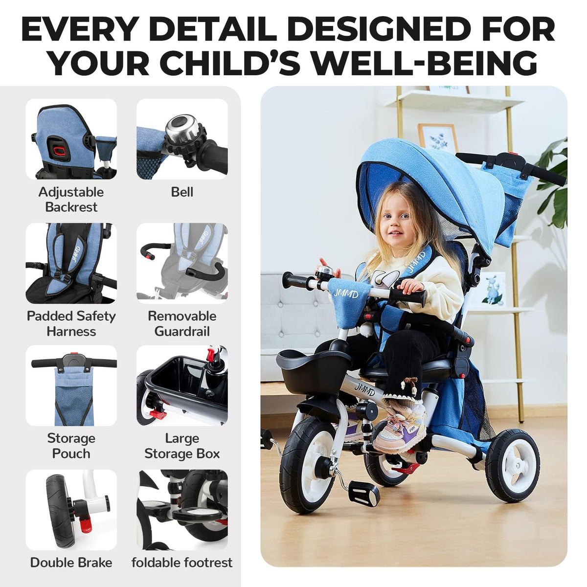 JMMD 7-in-1 tricycle blue rear-facing infant seat for parent-child bonding