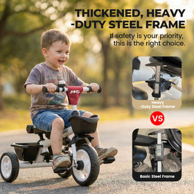 JMMD 7-in-1 tricycle all-terrain wheels handle various surfaces with stability.