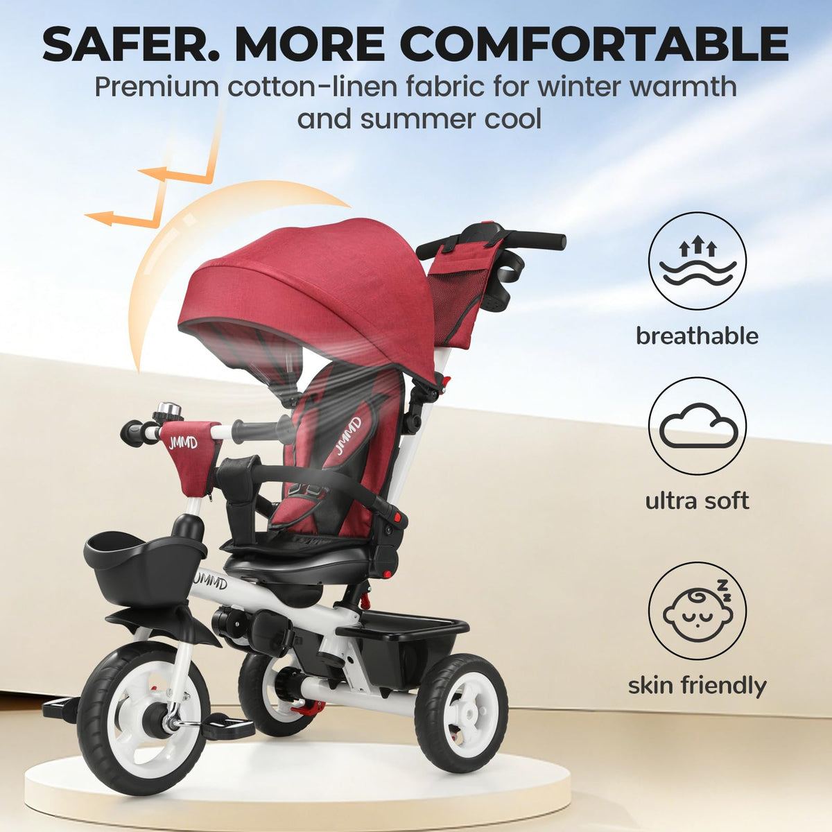 JMMD 7-in-1 tricycle 600D Oxford fabric seat promotes ventilation and comfort.
