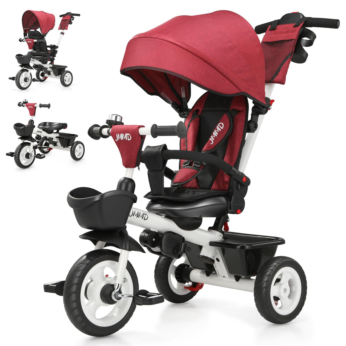 JMMD 7-in-1 tricycle push-handle enables parent-controlled rides with ease.