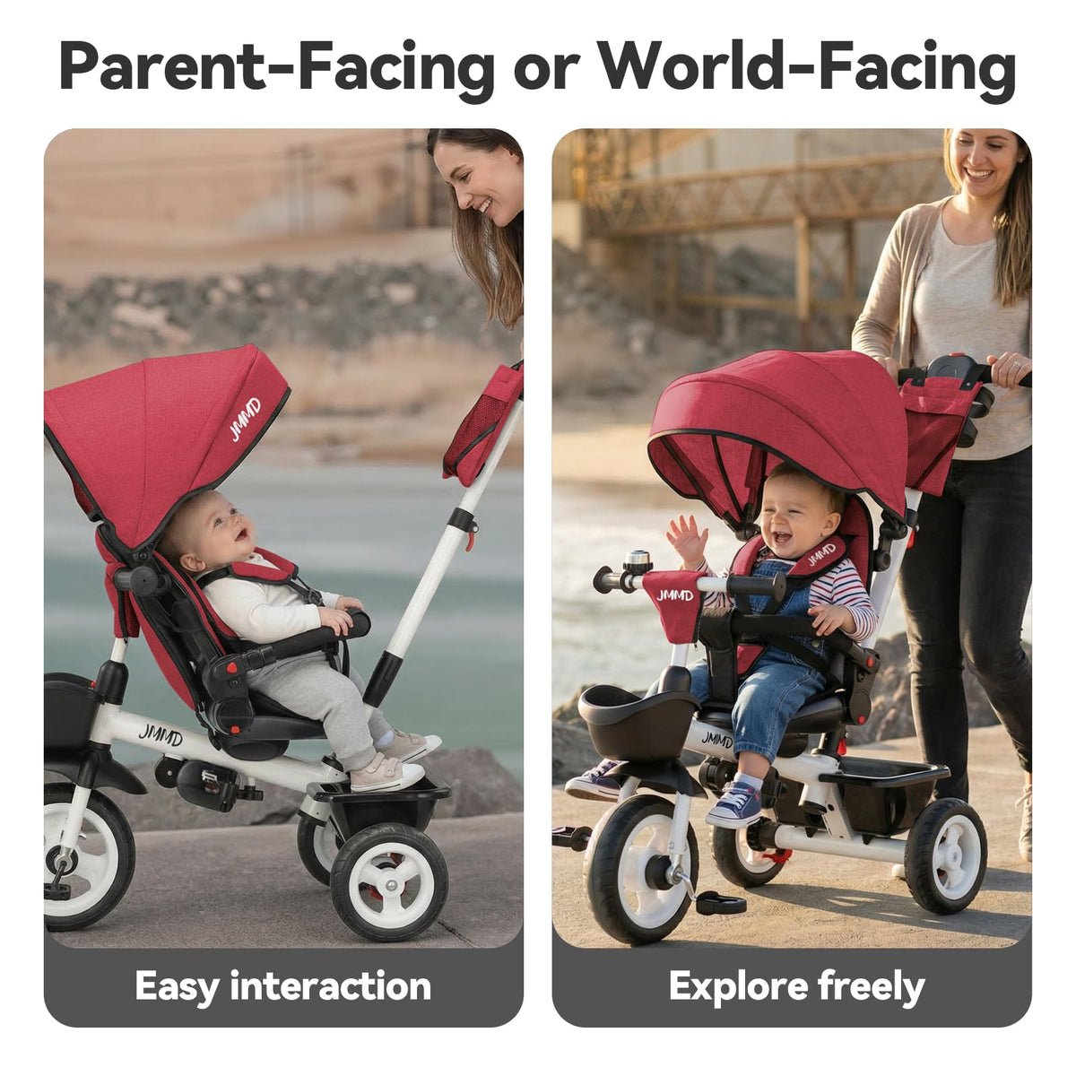 JMMD 7-in-1 tricycle reclining-backrest offers comfortable cruising for naps.
