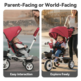 JMMD 7-in-1 tricycle reclining-backrest offers comfortable cruising for naps.