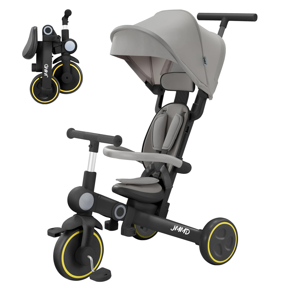 JMMD baby tricycle in 7-in-1 mode for growing kids and family riding