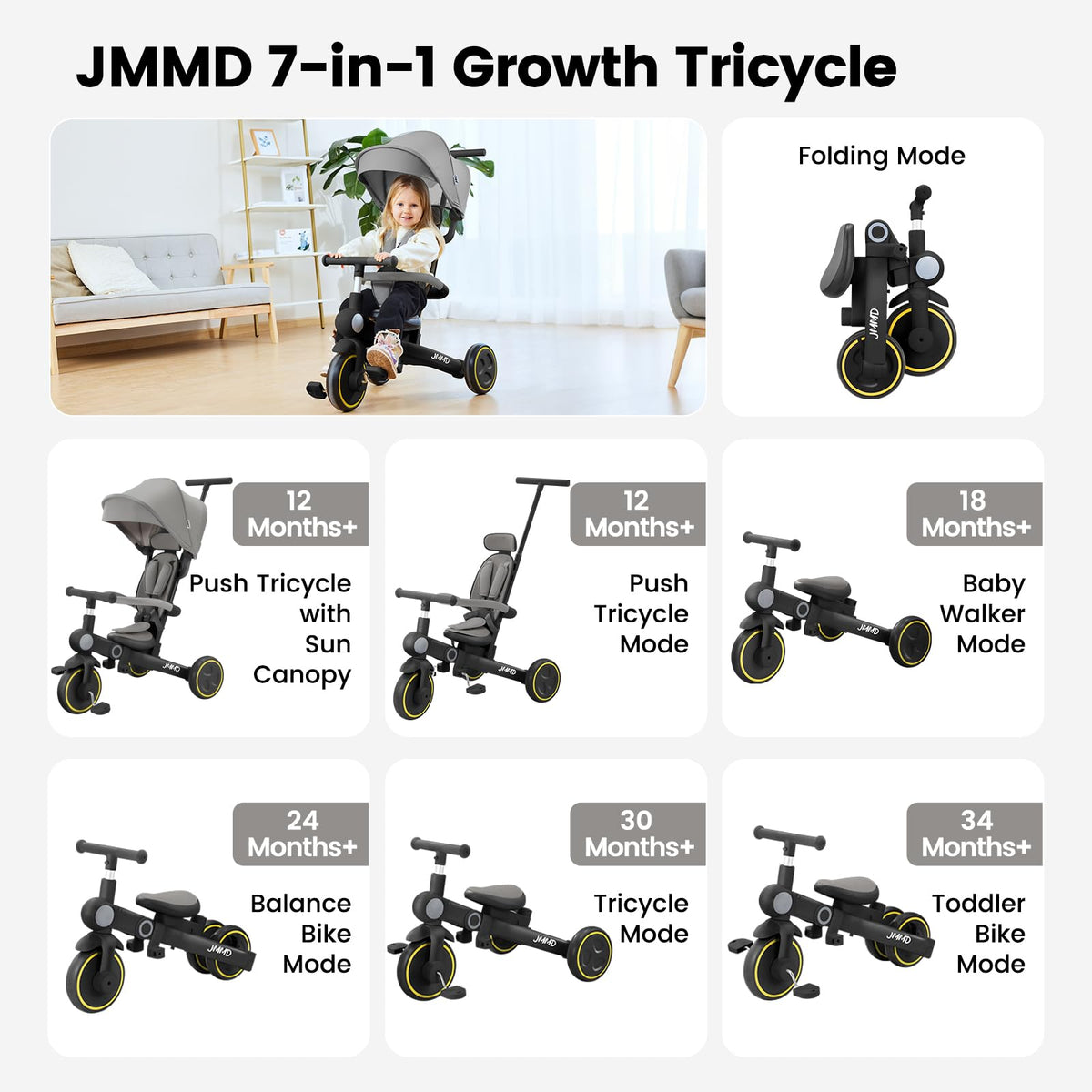 JMMD tricycle with adjustable parent handle for comfortable guiding outdoors