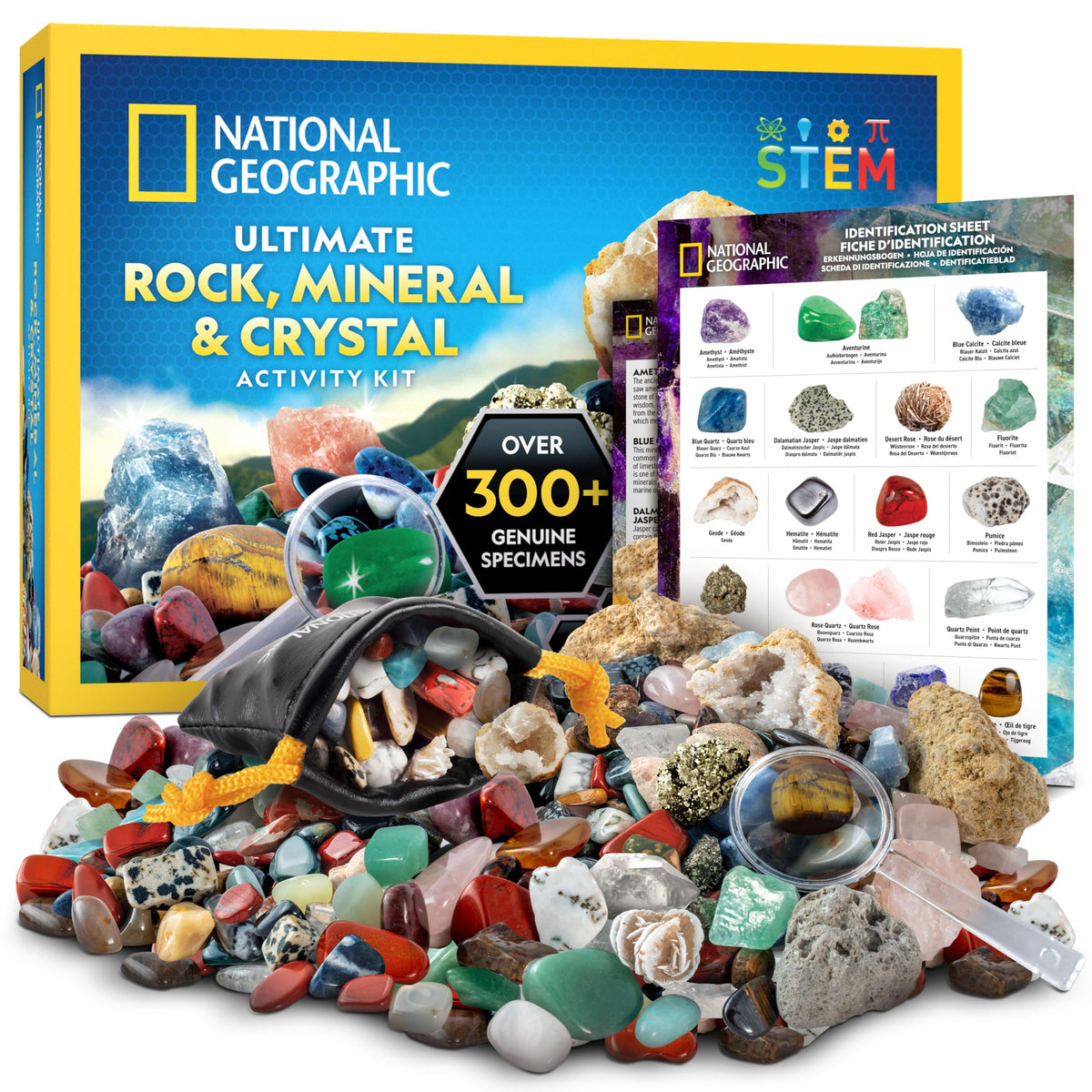 JMW National Geographic rock collection box shows geode crystal interiors for hands-on discovery.