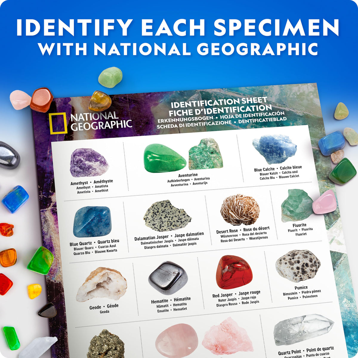 JMW National Geographic rock collection box magnifying glass aids careful study.