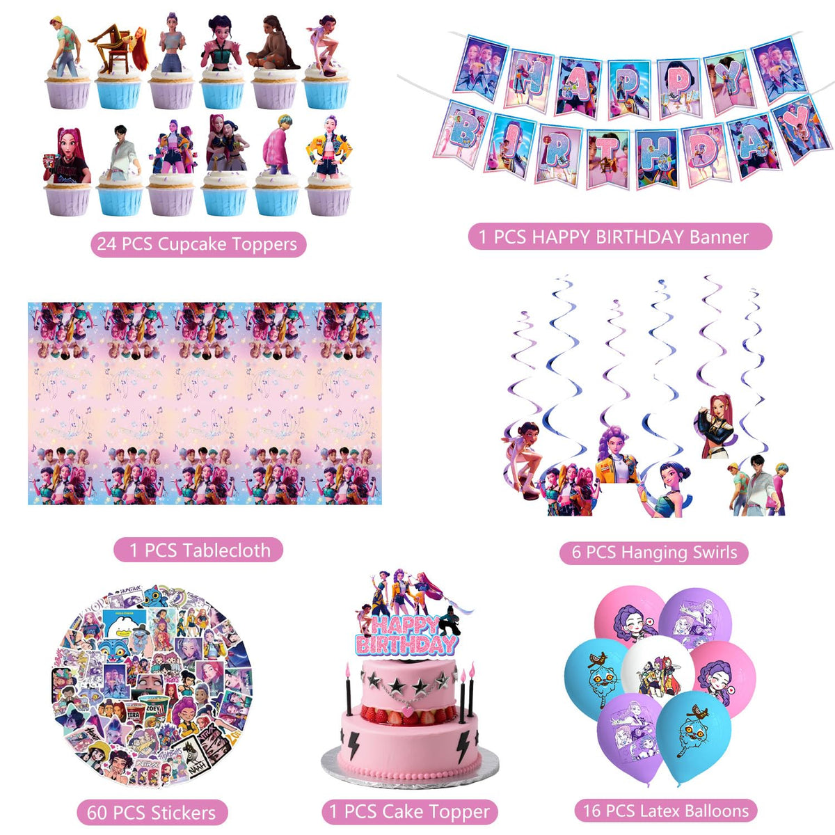 JMYUJX Demon Hunters pink cake topper highlights the birthday cake focal point