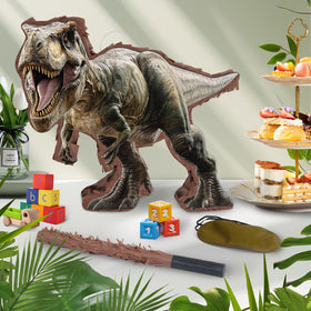 JOARHONAL dinosaur pinata with bat and blindfold ready for play.