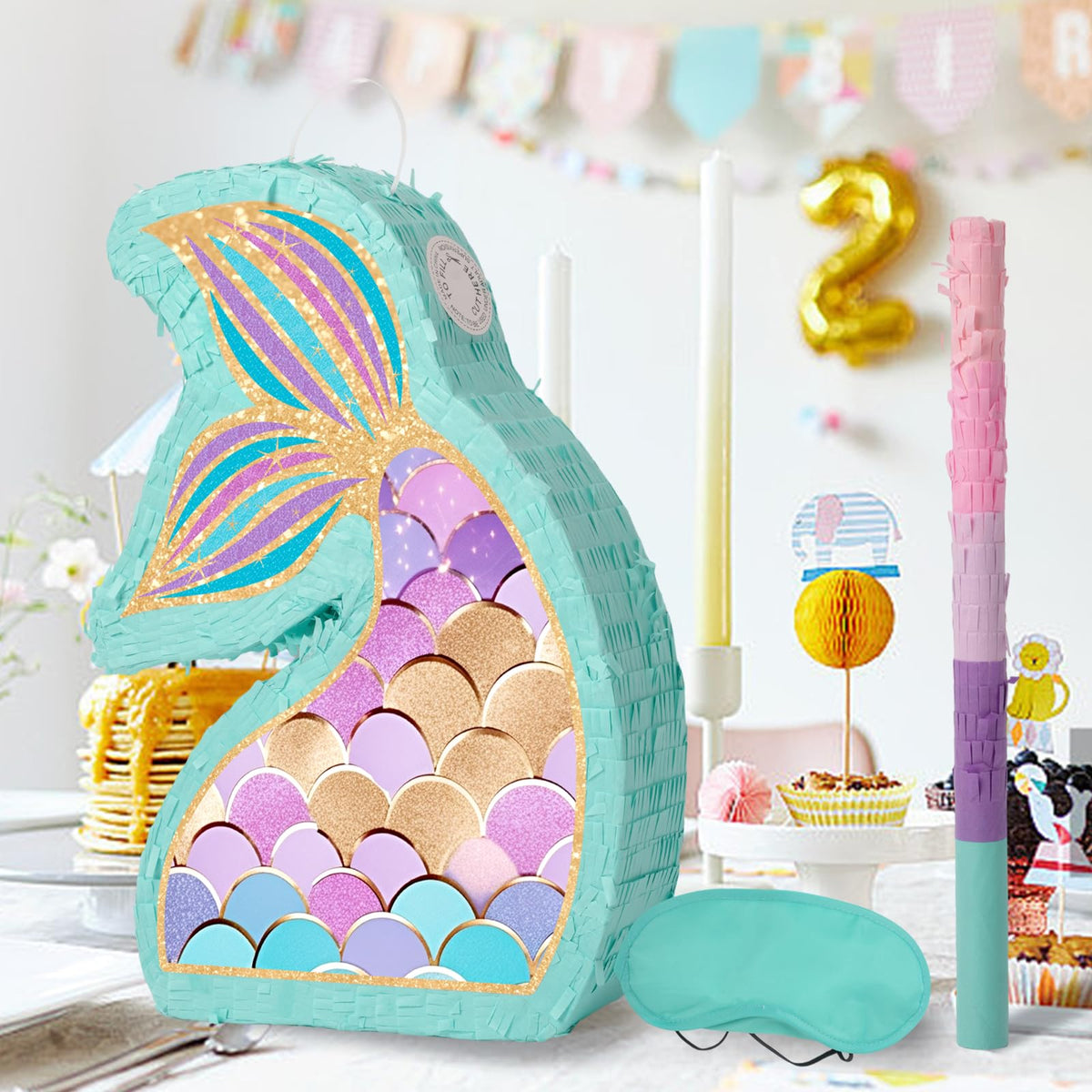 JOARHONAL Mermaid Tail Pinata full view highlights vibrant colors for ocean-themed celebrations.