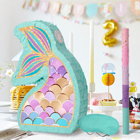JOARHONAL Mermaid Tail Pinata full view highlights vibrant colors for ocean-themed celebrations.