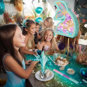 JOARHONAL Mermaid Tail Pinata pull strings angle showcases interactive party fun.