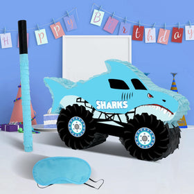 JOARHONAL Shark Monster Truck Pinata close-up reveals vibrant textures and eye-catching details