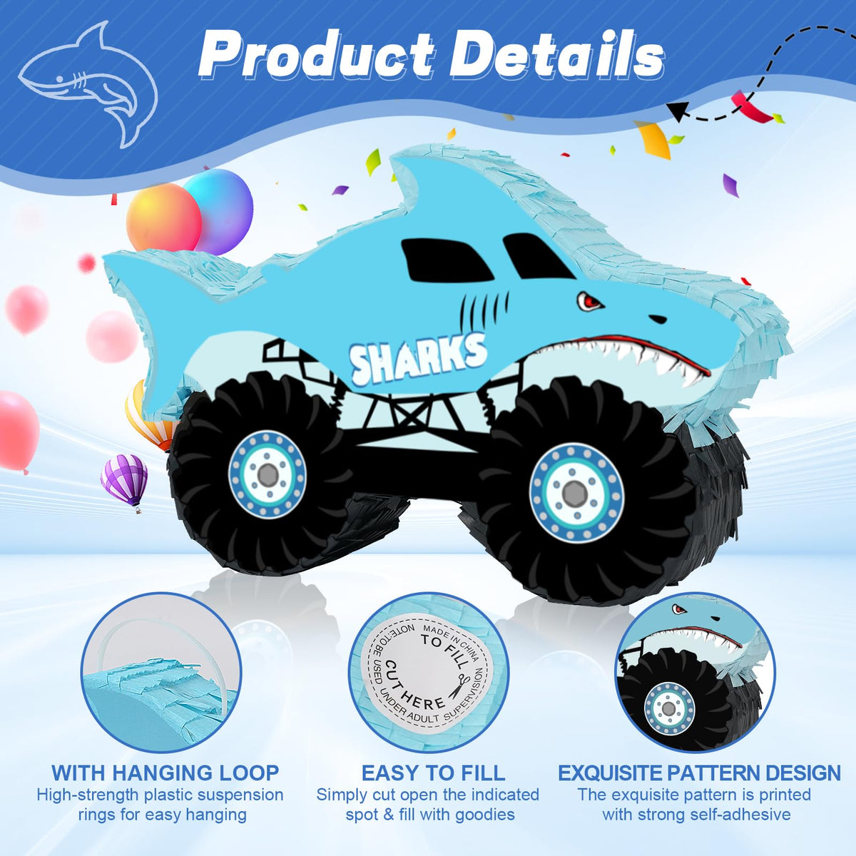JOARHONAL Shark Monster Truck Pinata hanging loop enables quick setup at events