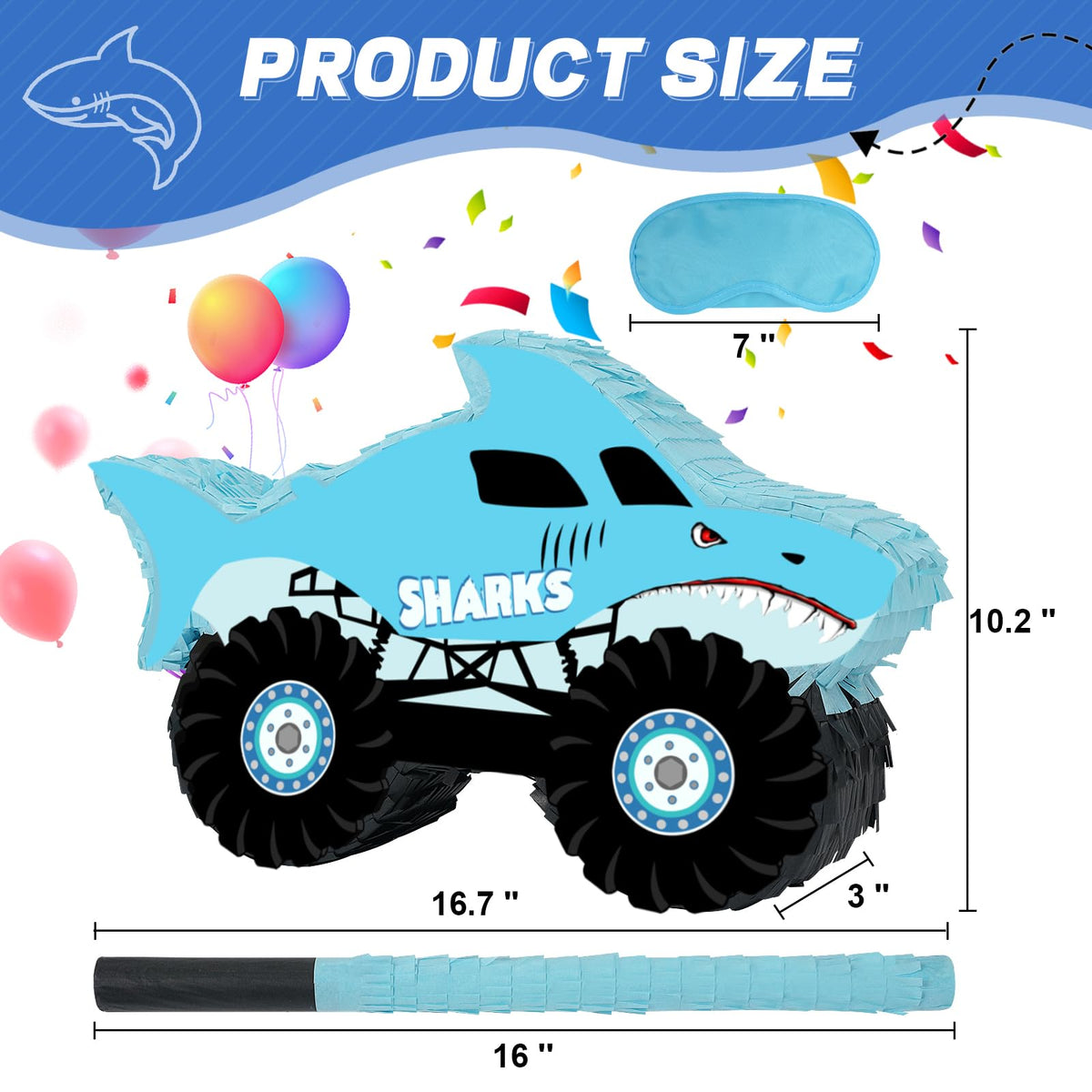 JOARHONAL Shark Monster Truck Pinata side view showing detailed design for themed celebrations