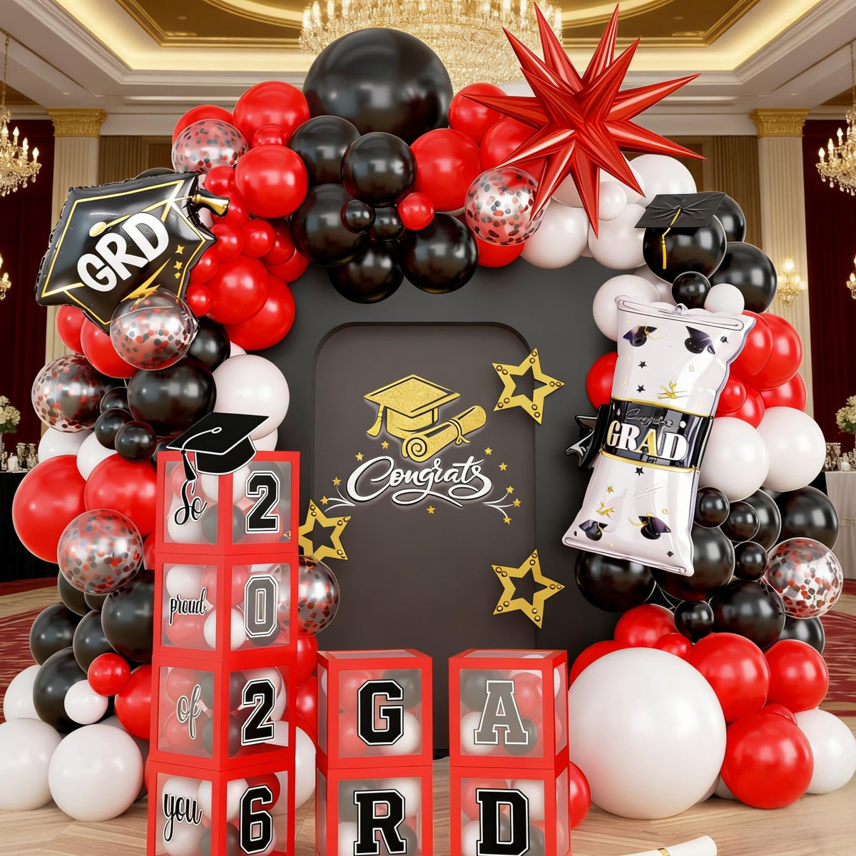 Jobkoo 2026 graduation arch kit creates a dramatic entrance backdrop.