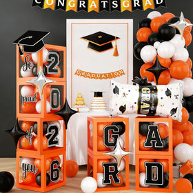 Jobkoo graduation arch kit with orange and black balloons for a striking backdrop.