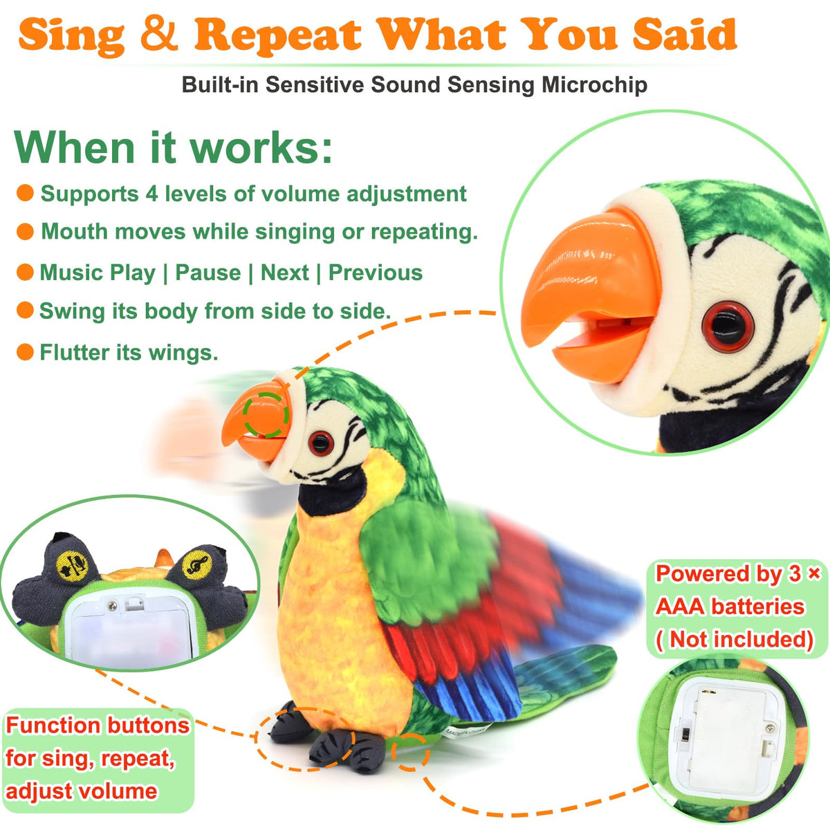 JOCOUNY Parrot volume control dial enables quiet or loud play.