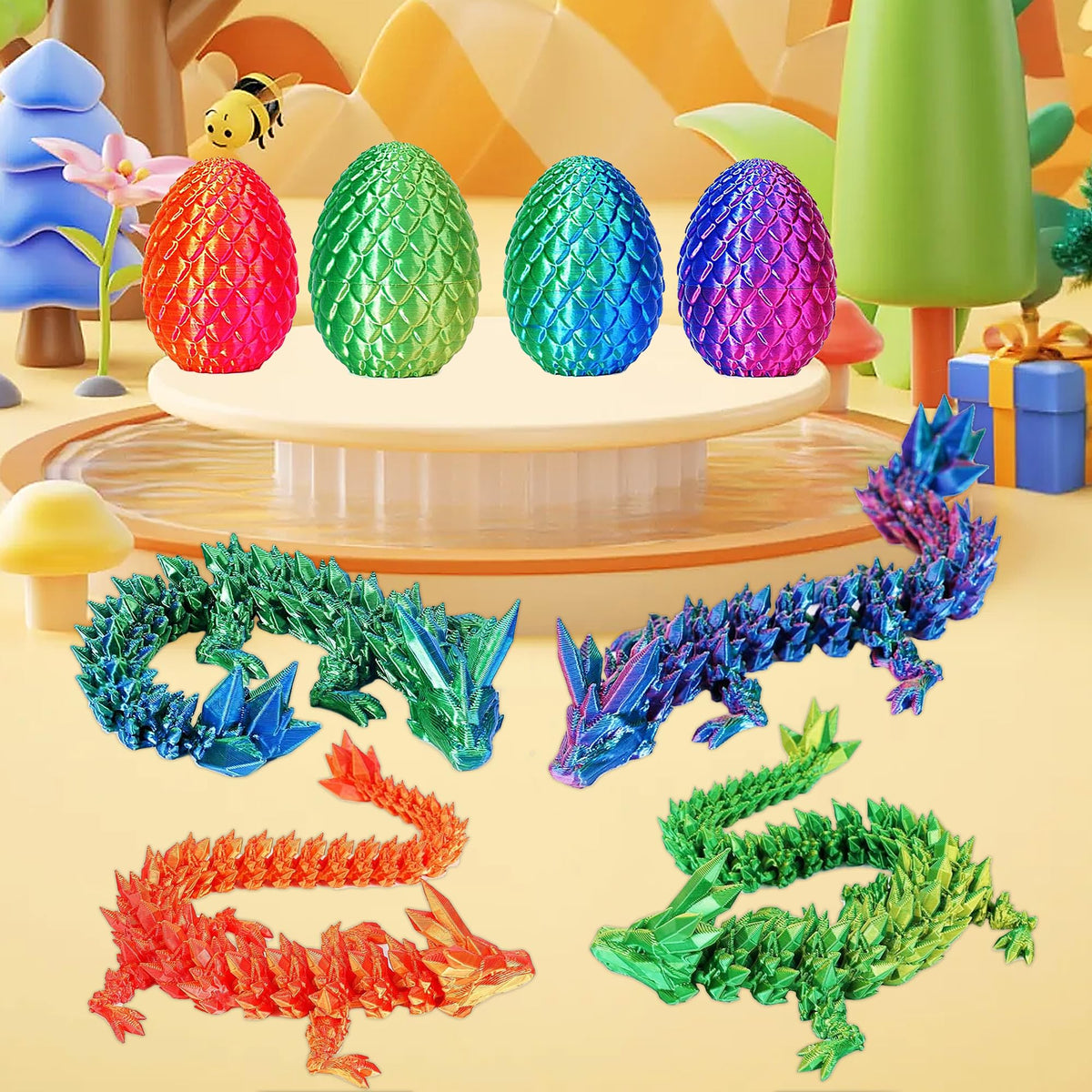 JOD dragon eggs feature intricate scales and color-shifting hues for display