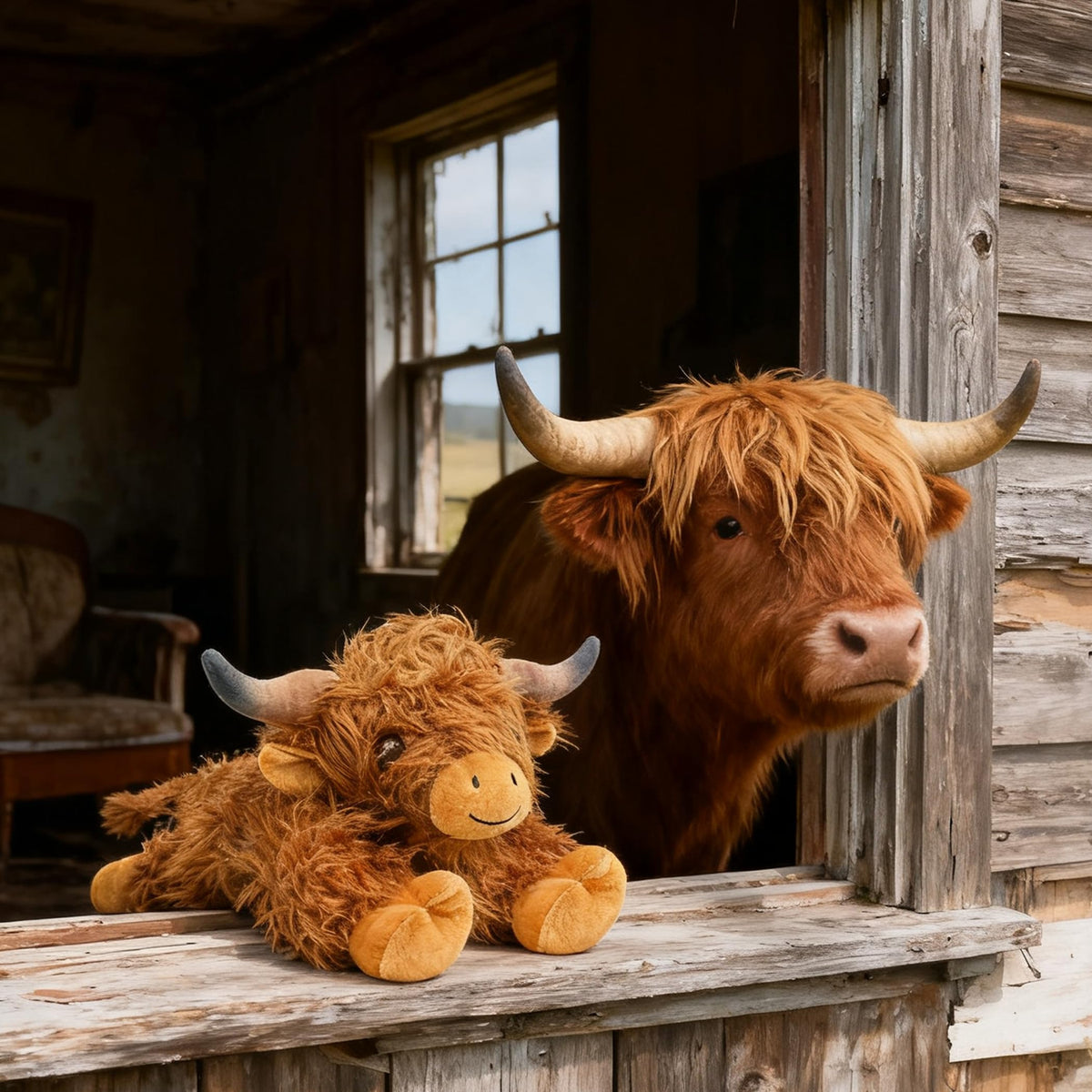 JOD Highland Cow plush 22in horns and coat focus on realism and charm