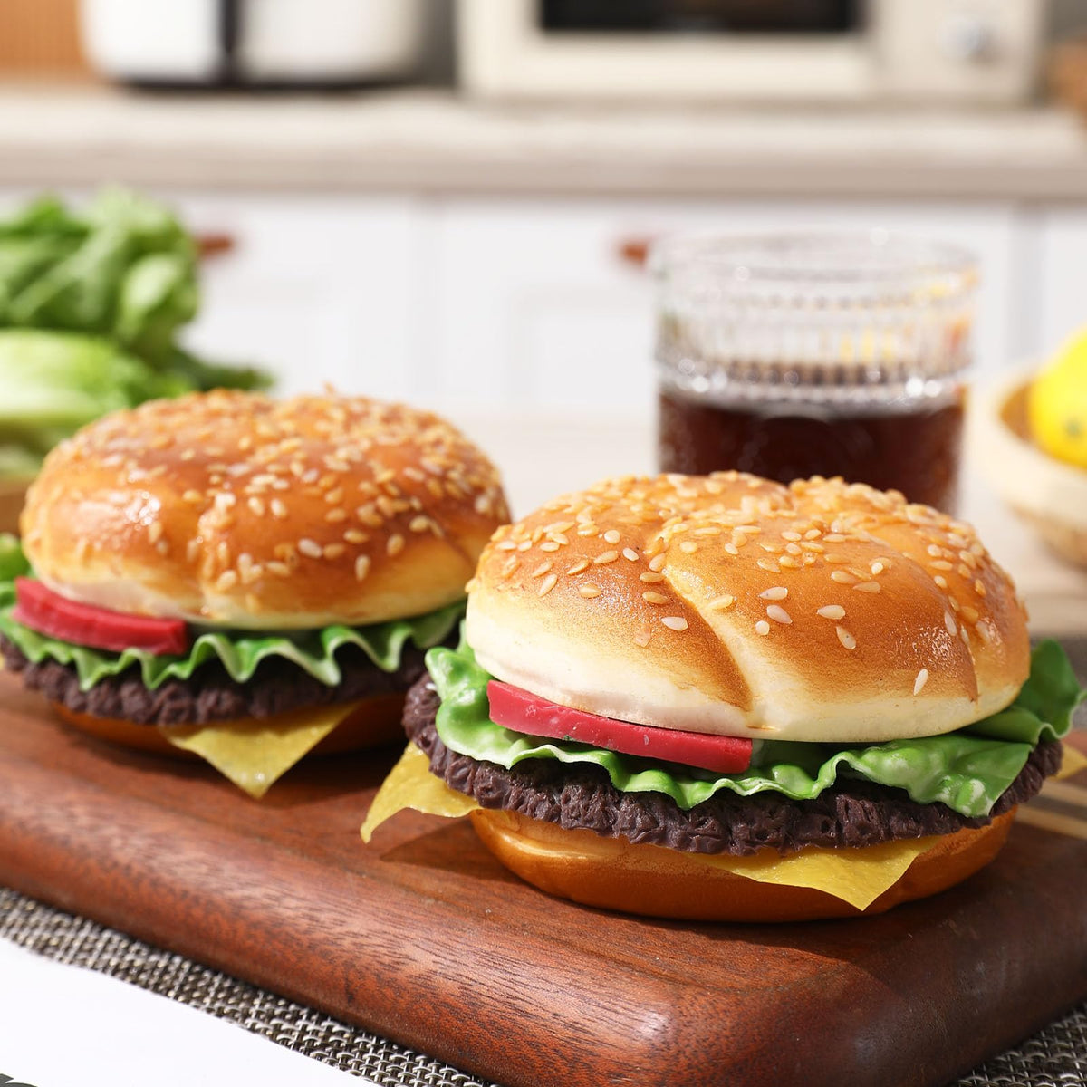 Joeabor lifelike faux burger attracts attention without edible items.