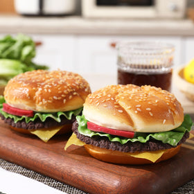 Joeabor lifelike faux burger attracts attention without edible items.