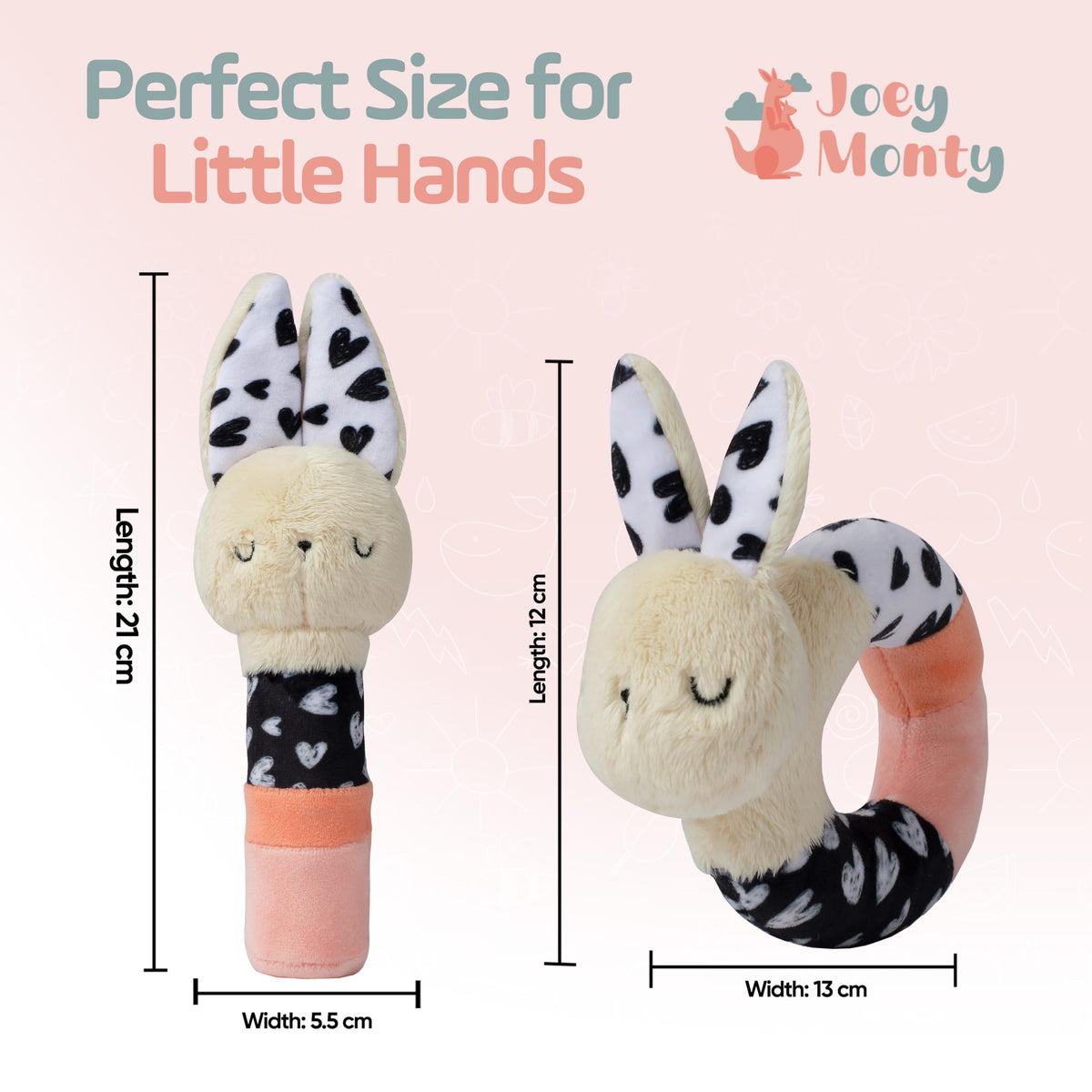 Joey Monty Bella Bunny Stick Rattle supports grip development and curious shaking
