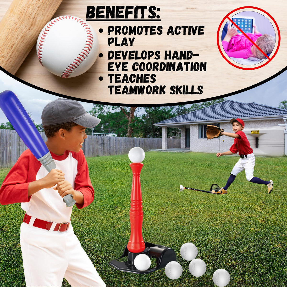 JOEY'Z Tball Set kid using tee encourages coordination and outdoor play.