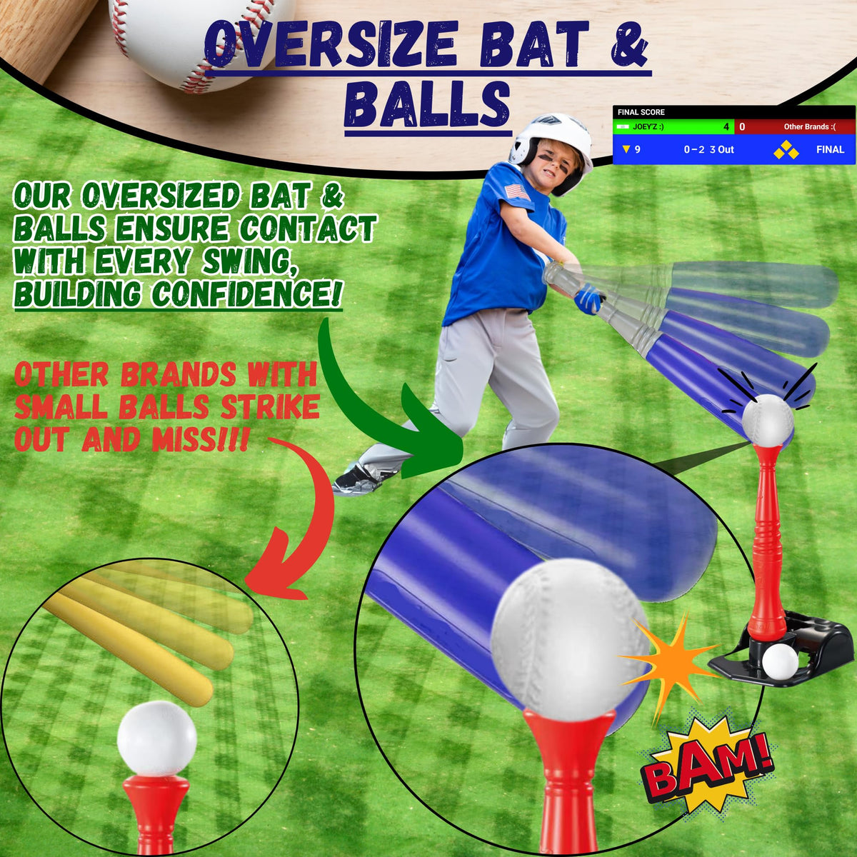 JOEY'Z Tball Set wall hanger storage keeps play area neat.