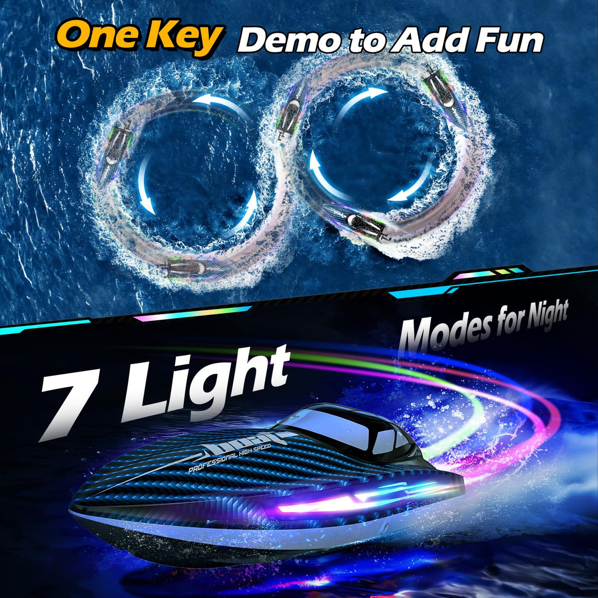 Jogpun 30KMH RC boat LED modes display enhances visibility during dusk.