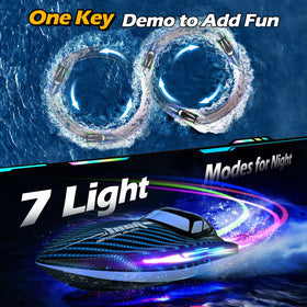 Jogpun 30KMH RC boat LED modes display enhances visibility during dusk.