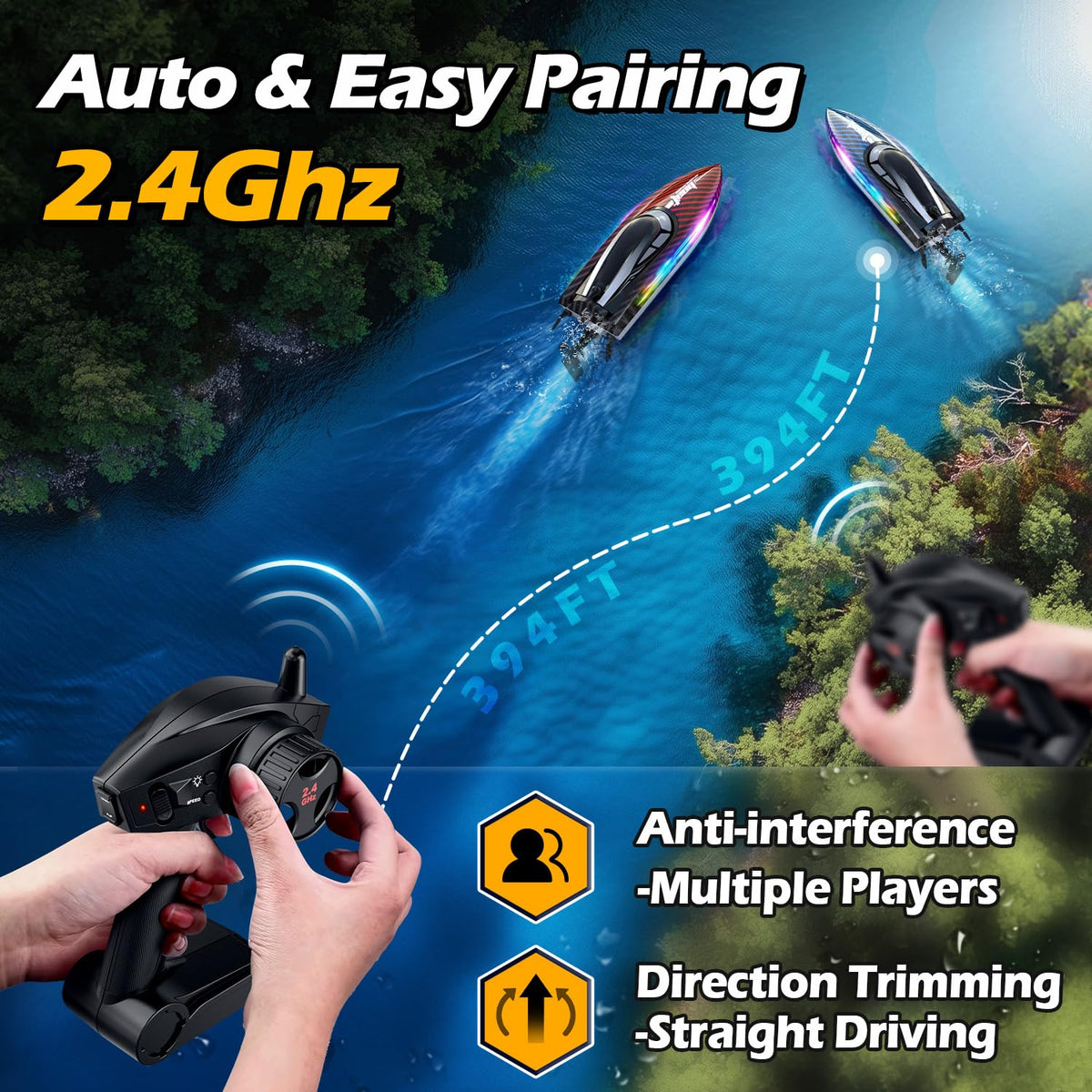 Jogpun 30KMH RC boat remote controller enables precise beginner control.