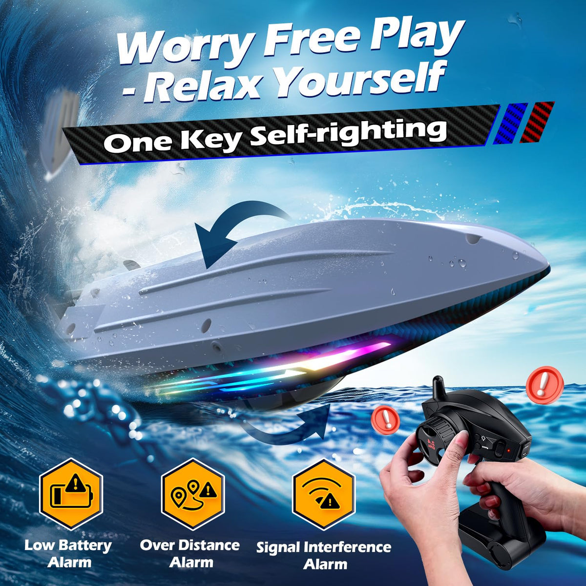 Jogpun 30KMH RC boat top view robust hull designed for splash resistance.