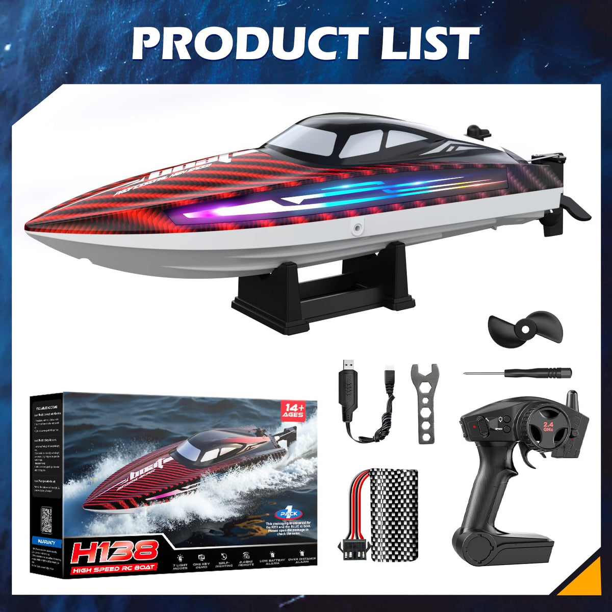 Jogpun night-time LED-lit boat gliding on dark lake