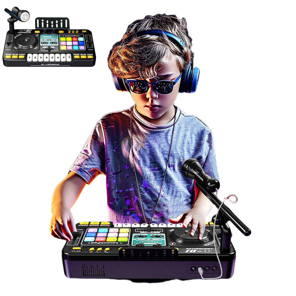 Johehe rechargeable kids DJ mixer with LED lights enhances active play.