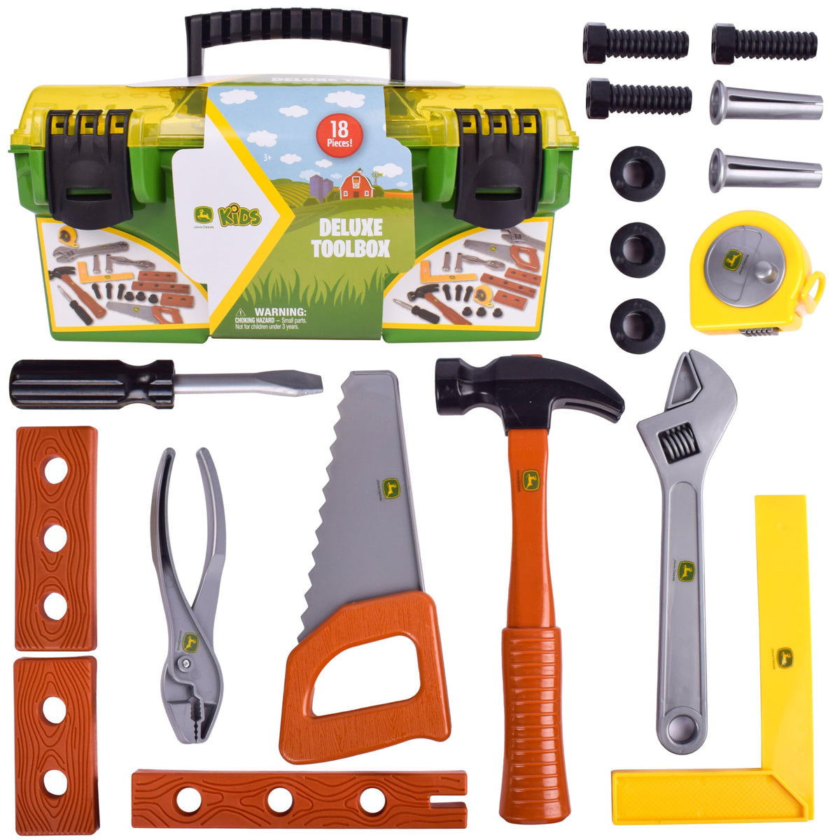 John Deere 18-piece deluxe tool box open, inviting imaginative play