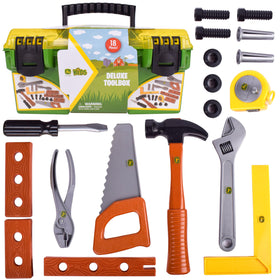 John Deere 18-piece deluxe tool box open, inviting imaginative play