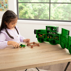 John Deere 18-piece farm toy set inside a portable case.