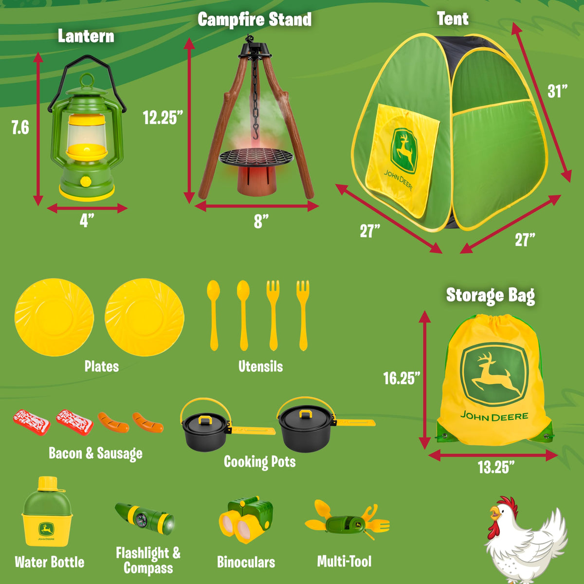 John Deere 18-piece play set spread with canteen, plates, utensils and more.