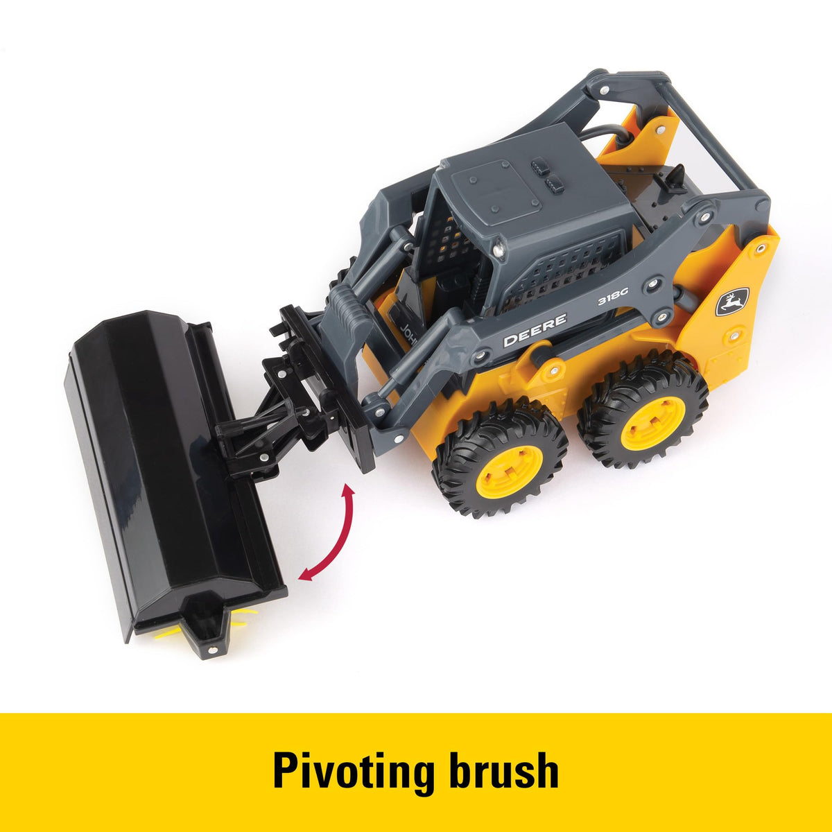 John Deere 318G with pivoting brush for sweeping pretend jobs.