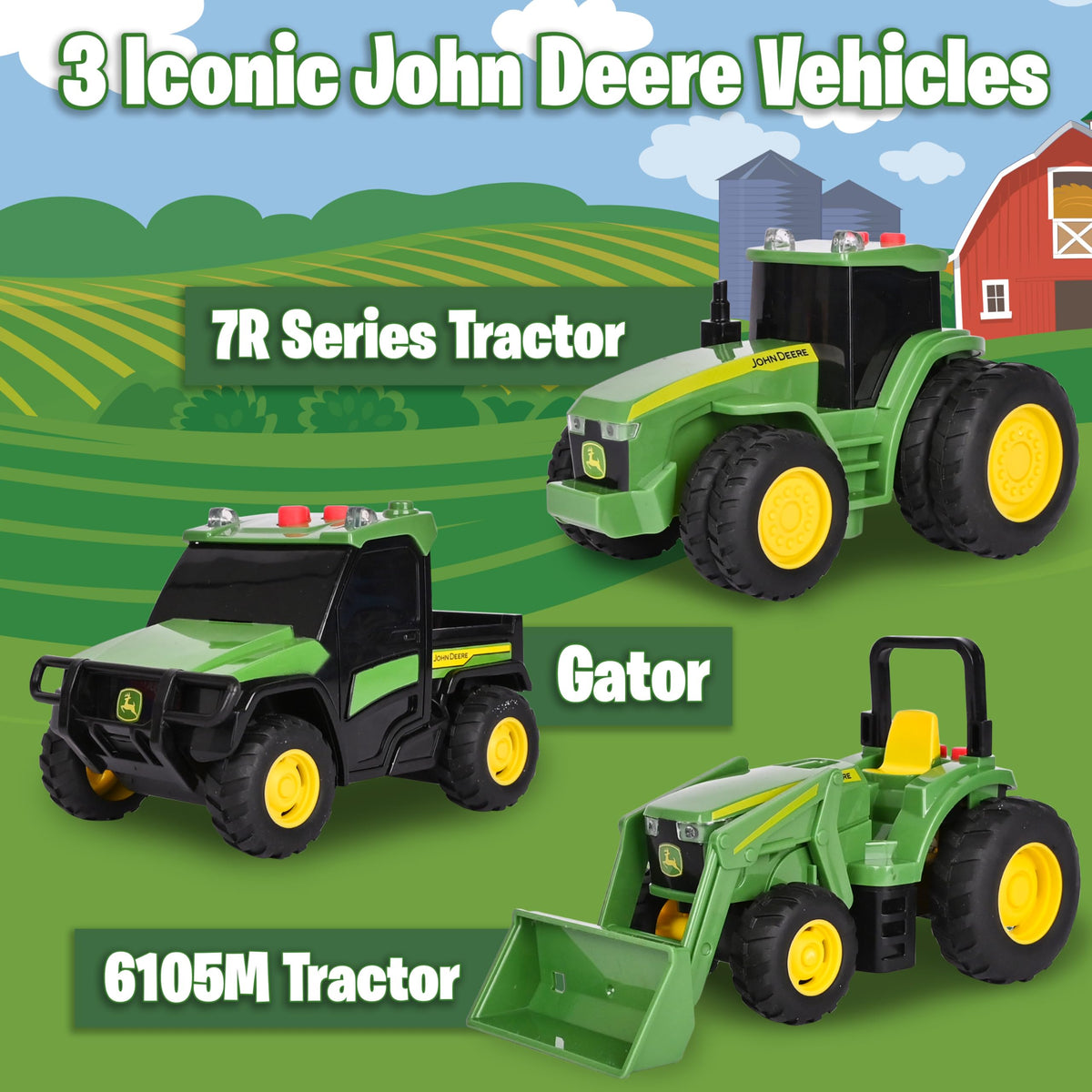 John Deere 6105M Tractor rear view highlights compact size for on-the-go play.