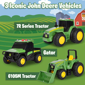 John Deere 6105M Tractor rear view highlights compact size for on-the-go play.