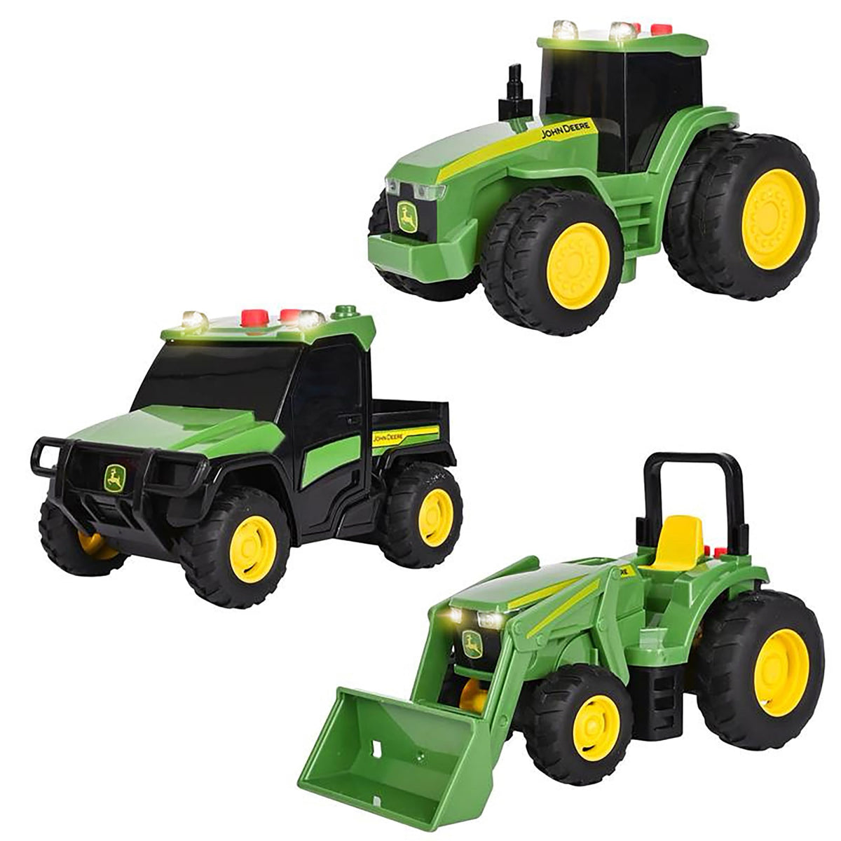 John Deere 7R Series Tractor front view showing sturdy build for active play.