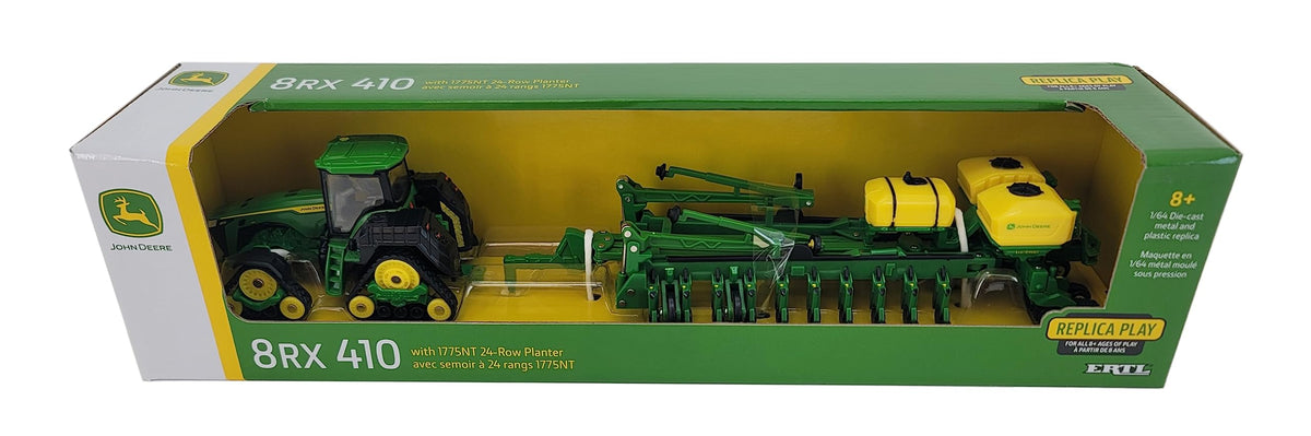John Deere 8RX 410 tractor wide-track stance supports stable pretend farming.