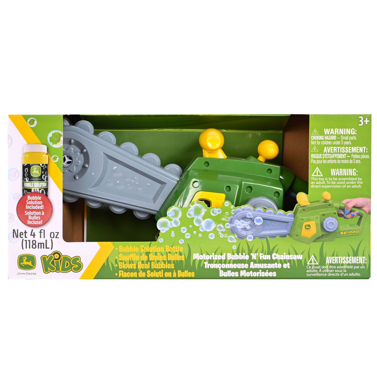 John Deere bubble action toy, easy-to-use squeeze handle, promotes motor skill practice.